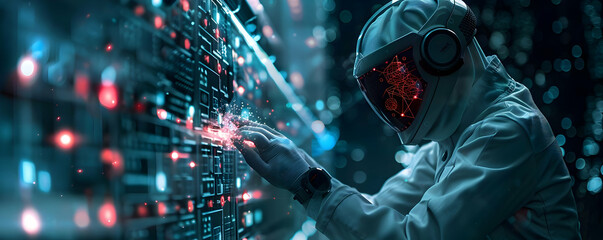 Naklejka premium Astronaut interacting with futuristic technology in a digital landscape