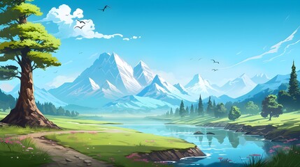 Fototapeta premium Serene Landscape Picturesque River Majestic Mountains and Lush Green Meadow