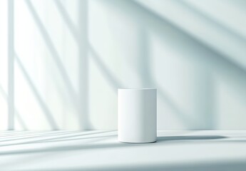 Minimalist White Cylinder on Table, bathed in soft sunlight. Perfect for product display!