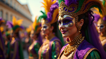 Obraz premium Artistic Mardi Gras Celebration with Dazzling Parade Elements and Intricate Masks