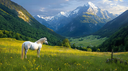 White horse in mountain valley pasture, idyllic sunset