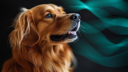 Golden retriever with a serene expression against a colorful backdrop