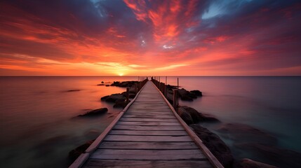 Obraz premium Serene Sunset Seascape Wooden Pier Extending to Vibrant Orange Sky over Calm Ocean
