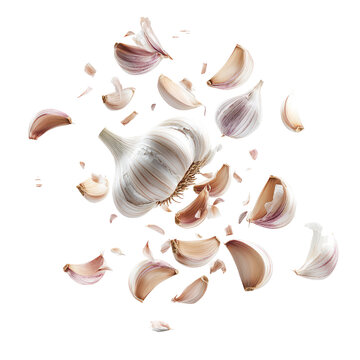Isolated Clove of Garlic Falling in Mid-Air on a Transparent background Capturing a Dynamic Culinary Element