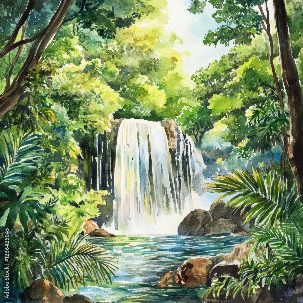 Poster waterfall cascading through a lush jungle surrounded by vibrant greenery near a tranquil pool in day