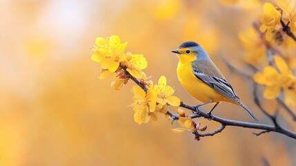 Obraz premium Yellow bird on branch with spring flowers. Beautiful springtime scene. Possible use nature photography
