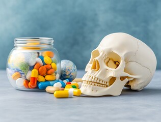 A human skull rests beside a jar of colorful pills, a stark reminder of mortality and medication.