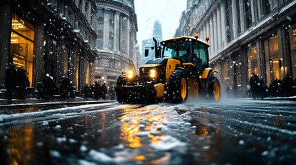 Tractor clearing snow on a city street during a blizzard.