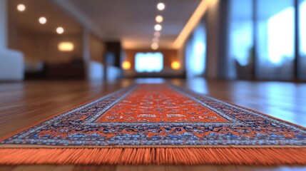 Modern interior hallway with orange runner carpet