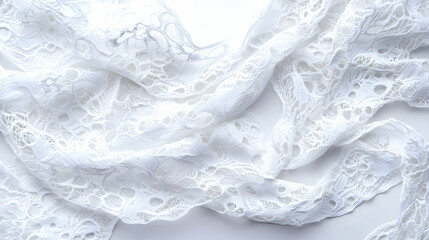 Obraz premium White lace fabric texture, draped on white background, elegant design, ideal for fashion or textile websites
