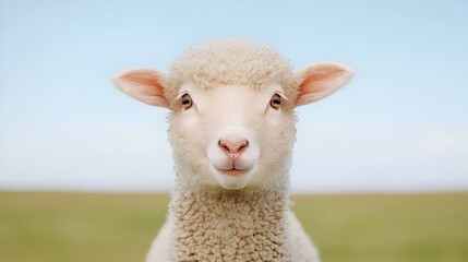 Obraz premium Lamb portrait, pasture background, farm animal, springtime