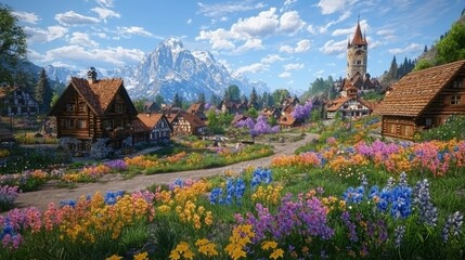 Fototapeta premium Alpine village nestled in mountain valley, colorful flowers, scenic town