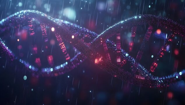 DNA helix in rain, abstract scientific background