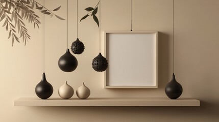 Minimalist beige room decor, hanging ornaments, empty frame, shelf display