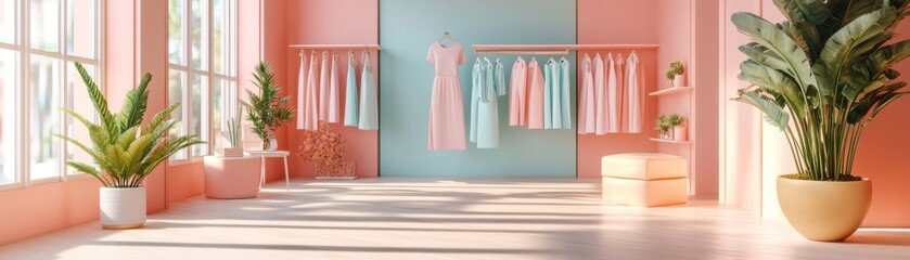 A bright, stylish room with large windows, vibrant colors, plants, and a mirror reflecting soft light, creating a warm, inviting atmosphere.