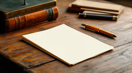 blank sheet of paper on wooden desk with pens and books nearby