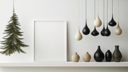 Minimalist home decor mockup; white shelf, frame, vases, lights, fir