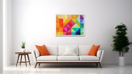 Vibrant Geometric Abstract Artwork on White Wall in Modern Living Room Interior
