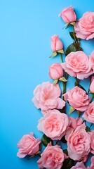 Delicate Pink Roses on Blue Background Floral Arrangement Romantic Design