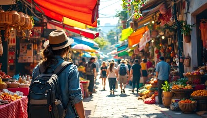 Woman Traveler Exploring Vibrant Asian Market Street