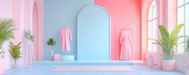 A stylish, pastel-themed interior with pink and blue walls, featuring elegant clothing displays and lush green plants.