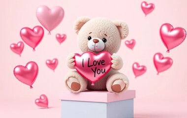 A soft and highly detailed 3D teddy bear with fluffy fur sits on a pastel-colored gift box, holding a heart-shaped balloon with ‘I Love You’ written in elegant cursive. 