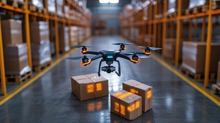 Obraz premium Drone Delivery System in Modern Warehouse with Cardboard Boxes