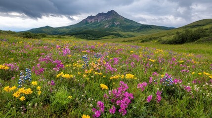 Colorful wildflowers in mountain meadow under cloudy sky. Ideal for nature, travel, or desktop backgrounds