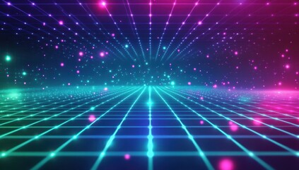 Futuristic grid pathway with vibrant lights,  star particles in background.  Possible use  digital art background