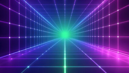 Neon grid tunnel perspective futuristic background