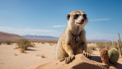 A meerkat perched on a rock in a desert landscape, showcasing its alert posture.