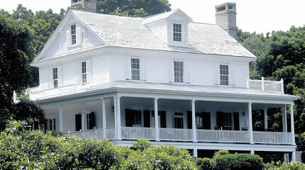 Fototapeta premium White house with porch overlooking trees