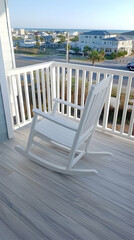 Coastal Relaxation Two rocking chairs on a balcony overlooking ocean views and a residential area. Ideal for vacation rentals, relaxation, or coastal living websites