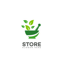 Herbal Store Logo Design Green Leaves, Mortar, Pestle, Nature