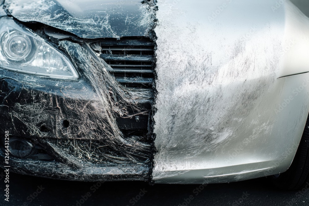 Poster Side by side comparison of a damaged car and a gleaming one showcasing the difference between neglect and care. Generative AI