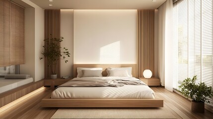 Modern minimalist bedroom with wooden decor, soft lighting, and plants creating a serene atmosphere