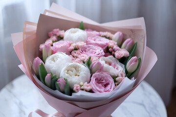 Elegant Pink and White Peony Bouquet in Soft Light