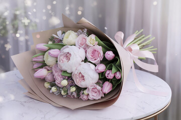 Romantic Floral Arrangement with Roses and Tulips