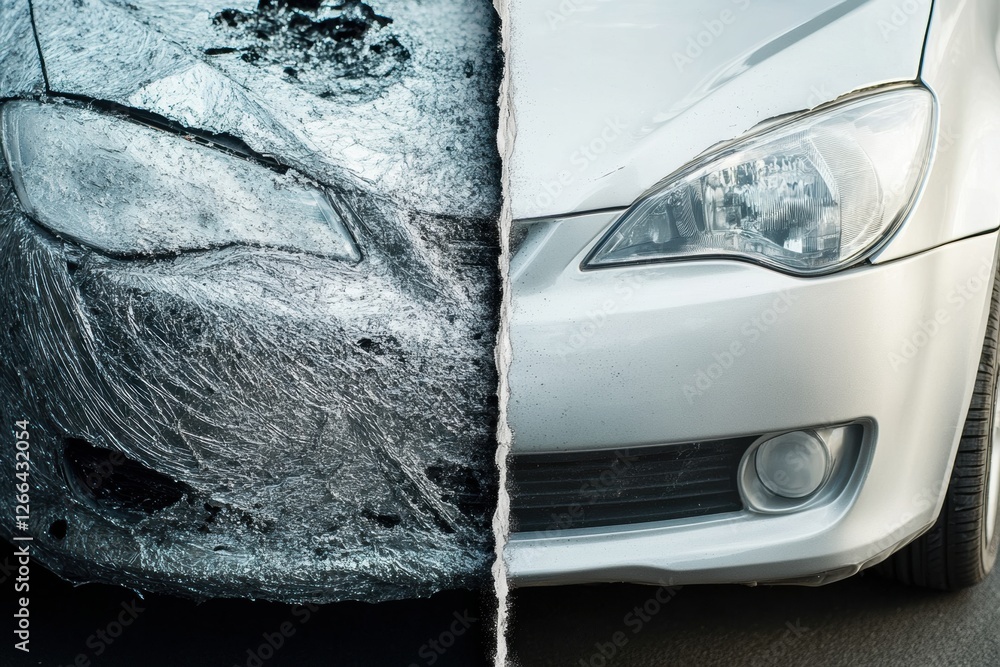 Poster comparison of scratched dirty car and shiny polished vehicle highlighting the impact of proper car c