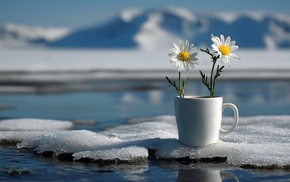 Two daisies in a white mug on melting snow by a frozen lake with mountains in the background. - Powered by Adobe