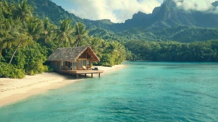 Naklejka premium Tropical beach with wooden hut over turquoise water