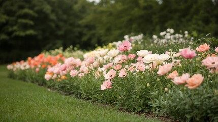 Beautiful flower garden with blooming pastel-colored flowers.