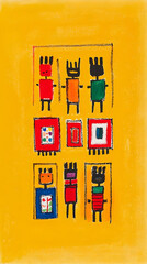 Colorful tribal figures and symbols; abstract art; cultural heritage; design element for textiles or backgrounds