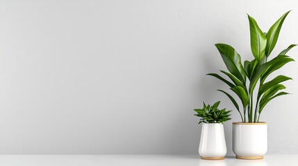 Plants in pots against white wall, minimalist interior design