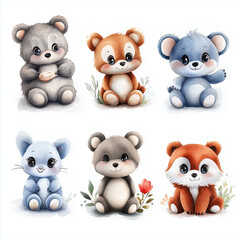 Fototapeta premium funny grumpy animals full body clipart watercolor