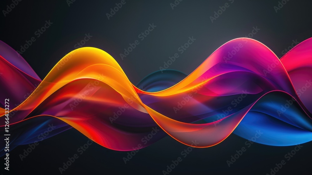 Poster abstract colorful shapes in the form of flowing ribbons on dark background, banner design with copy 