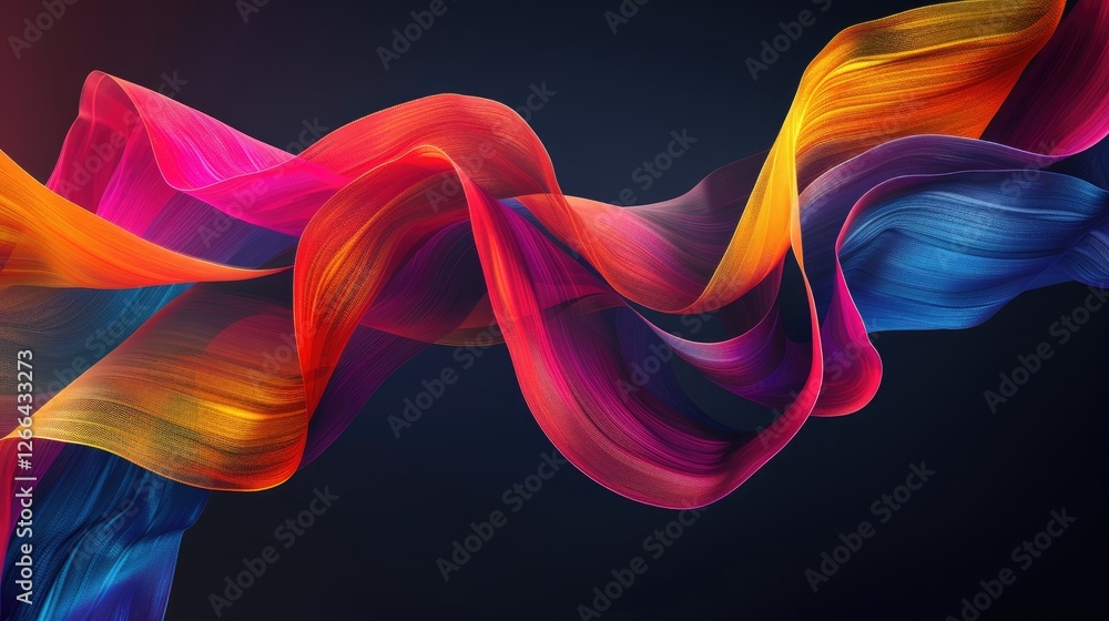 Poster abstract colorful shapes in the form of flowing ribbons on dark background, banner design with copy 