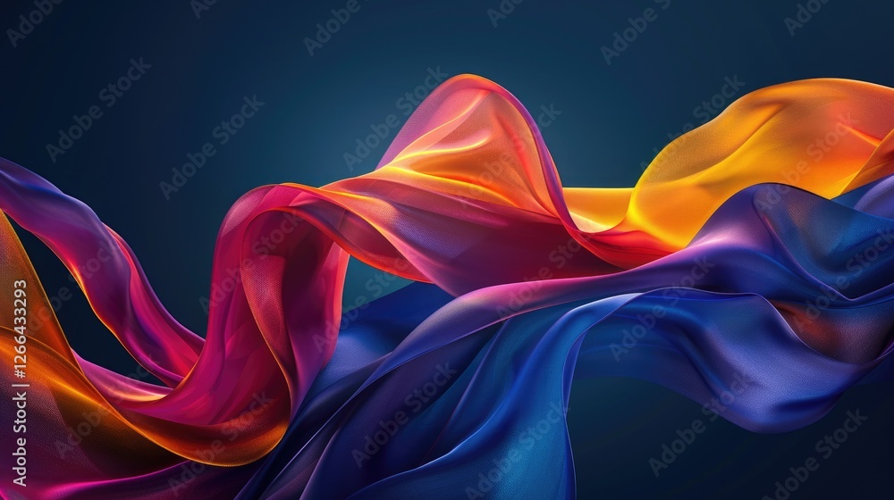 Poster abstract colorful shapes in the form of flowing ribbons on dark background, banner design with copy 