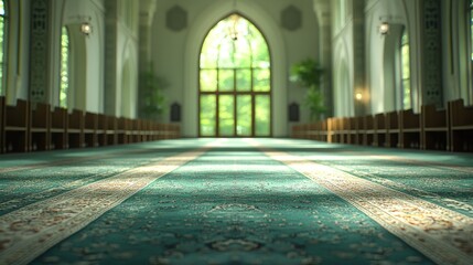 Obraz premium Mosque prayer hall interior, sunlight streams through large window, peaceful ambiance