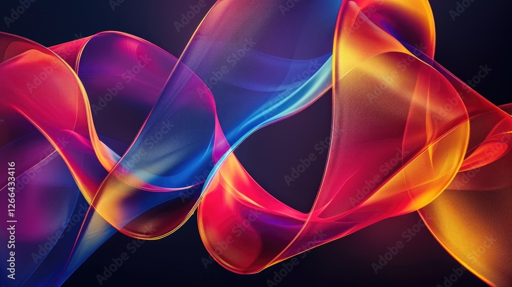 Poster abstract colorful shapes in the form of flowing ribbons on dark background, banner design with copy 